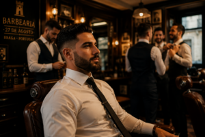 barbeiro para casamento em Braga noivo a preparar-se na Barbearia 27 de Agosto
