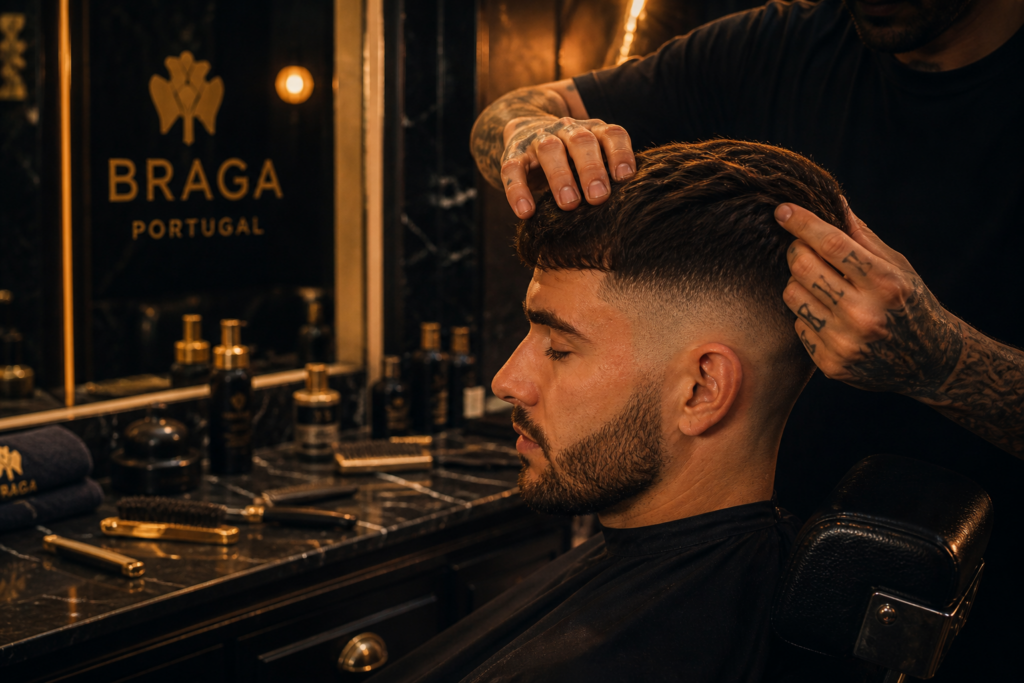 barbeiro profissional a finalizar corte masculino em Braga na Barbearia 27 de Agosto