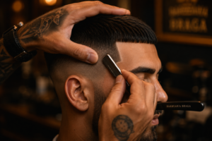 corte na régua em Braga feito com navalha profissional na Barbearia 27 de Agosto