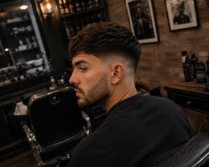 Degradê Masculino em Braga: 6 Tipos de Fade e Qual Fica Melhor no Teu Rosto 4 Homem com degradê masculino mid fade em barbearia moderna em Braga